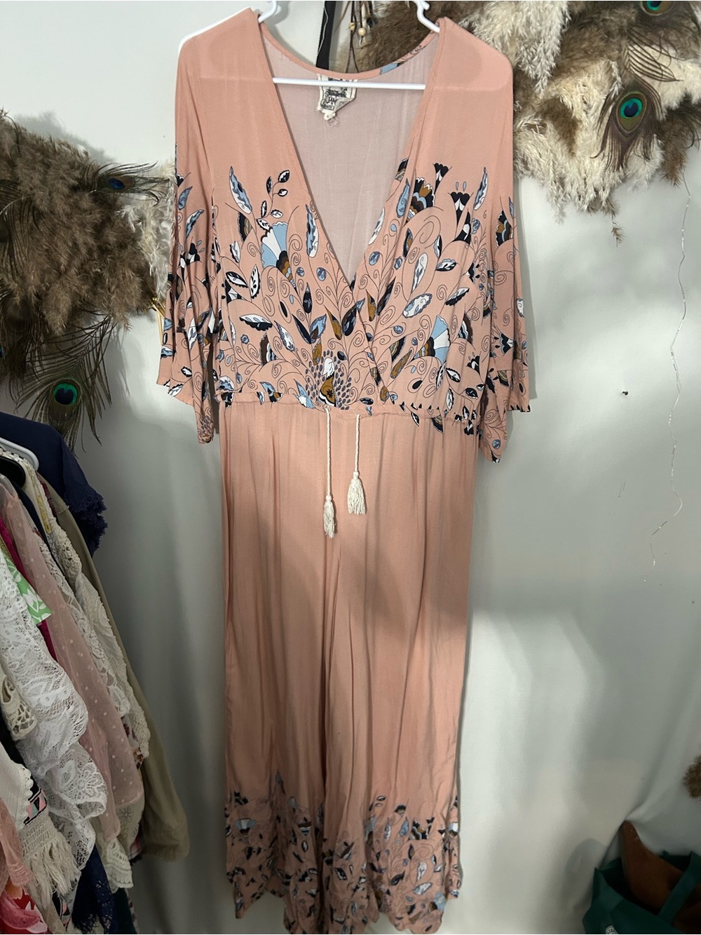 Jaase Peach Maxi Dress with Blue & Black Feather Motif
